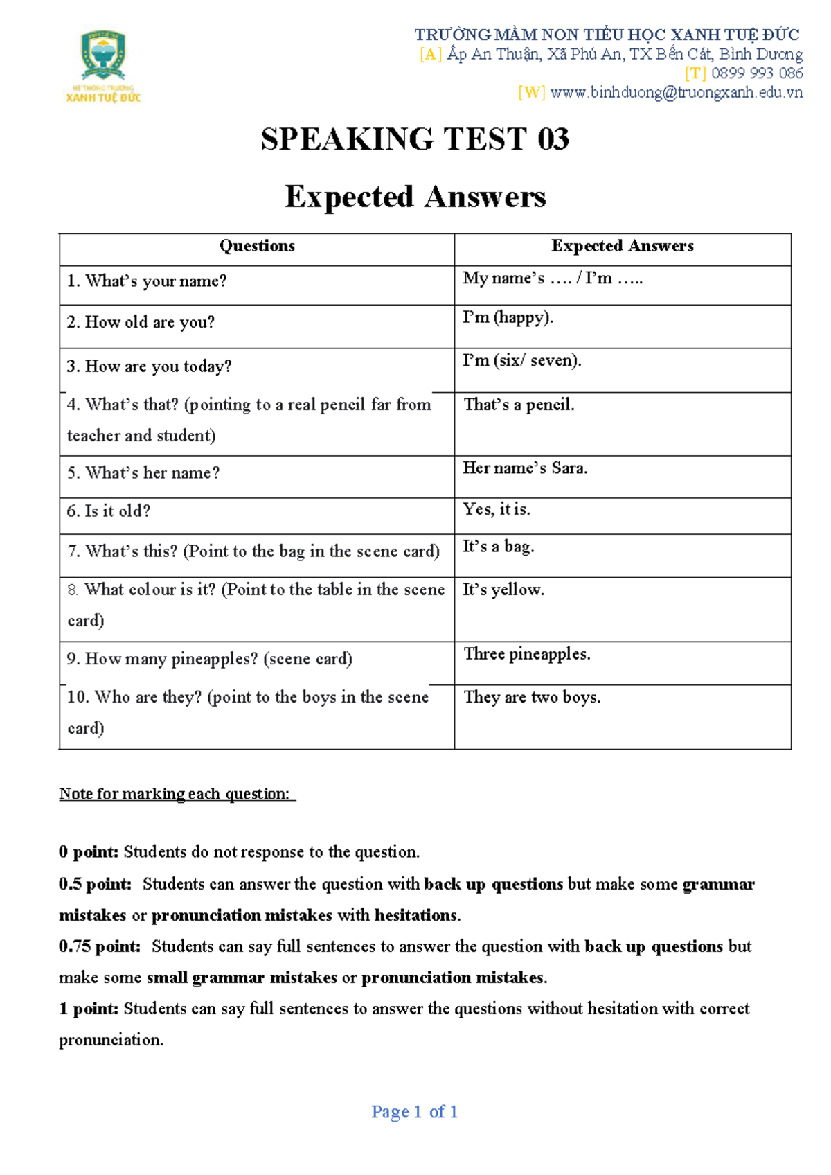 SPEAKING TEST 03 - Expected Answers for Mầm Non Tiểu Học - Studocu