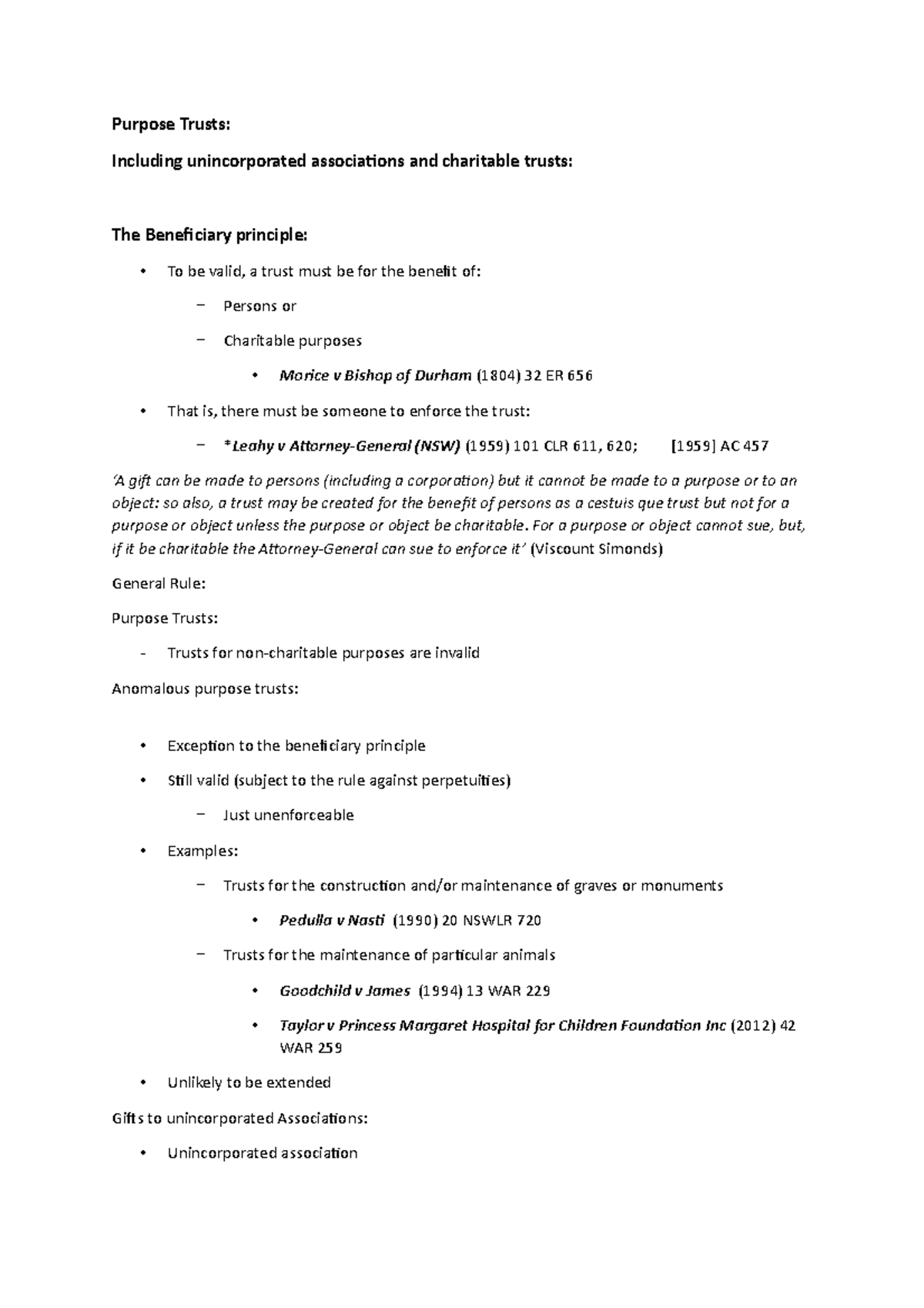 Week 11 Lecture Notes: Purpose Trusts and Charitable Trusts - Studocu
