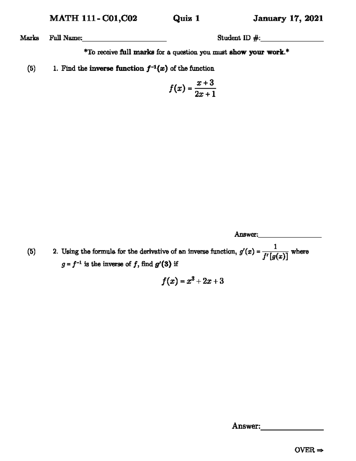 MATH 111 Quiz 1 - MATH 111 - MATH Quiz 1 January 17, 2021 Marks Full ...