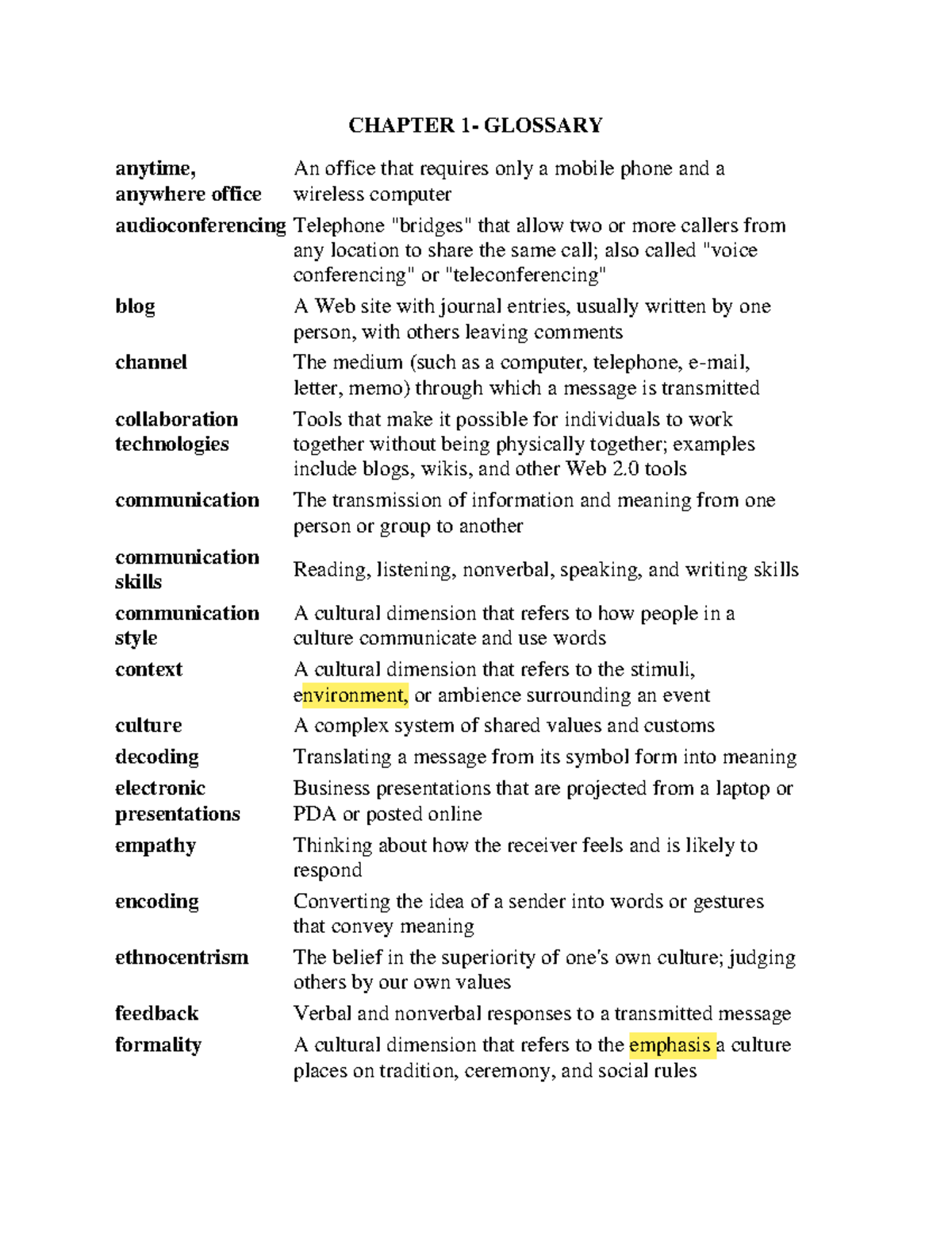 CHAPTER 1 GLOSSARY - Key Terms and Definitions for Communication - Studocu