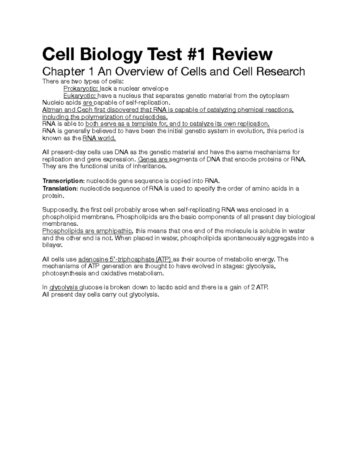 Cell Biology Test 1 Review Notes on Cell Types and Energy Metabolism ...