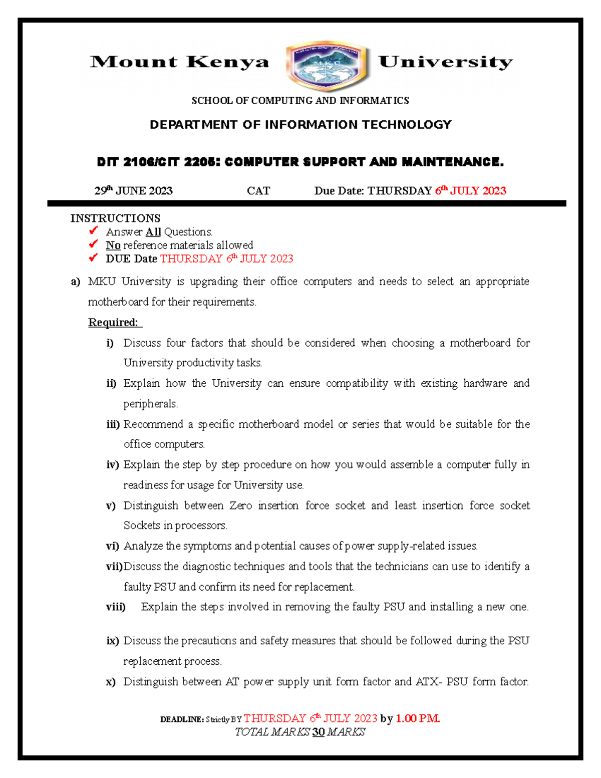 DIT 2106/CIT 2205 Computer Support & Maintenance CAT Instructions - Studocu