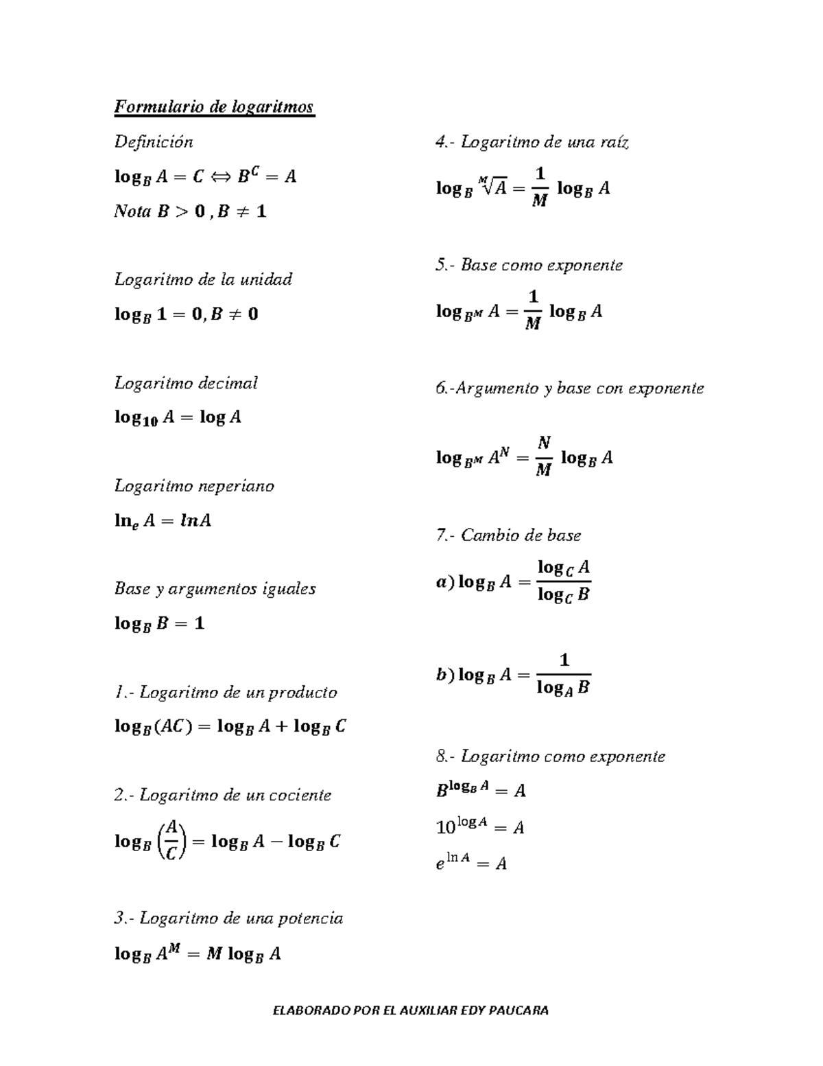 Formulario de Logaritmos: Definiciones y Propiedades - Document Preview