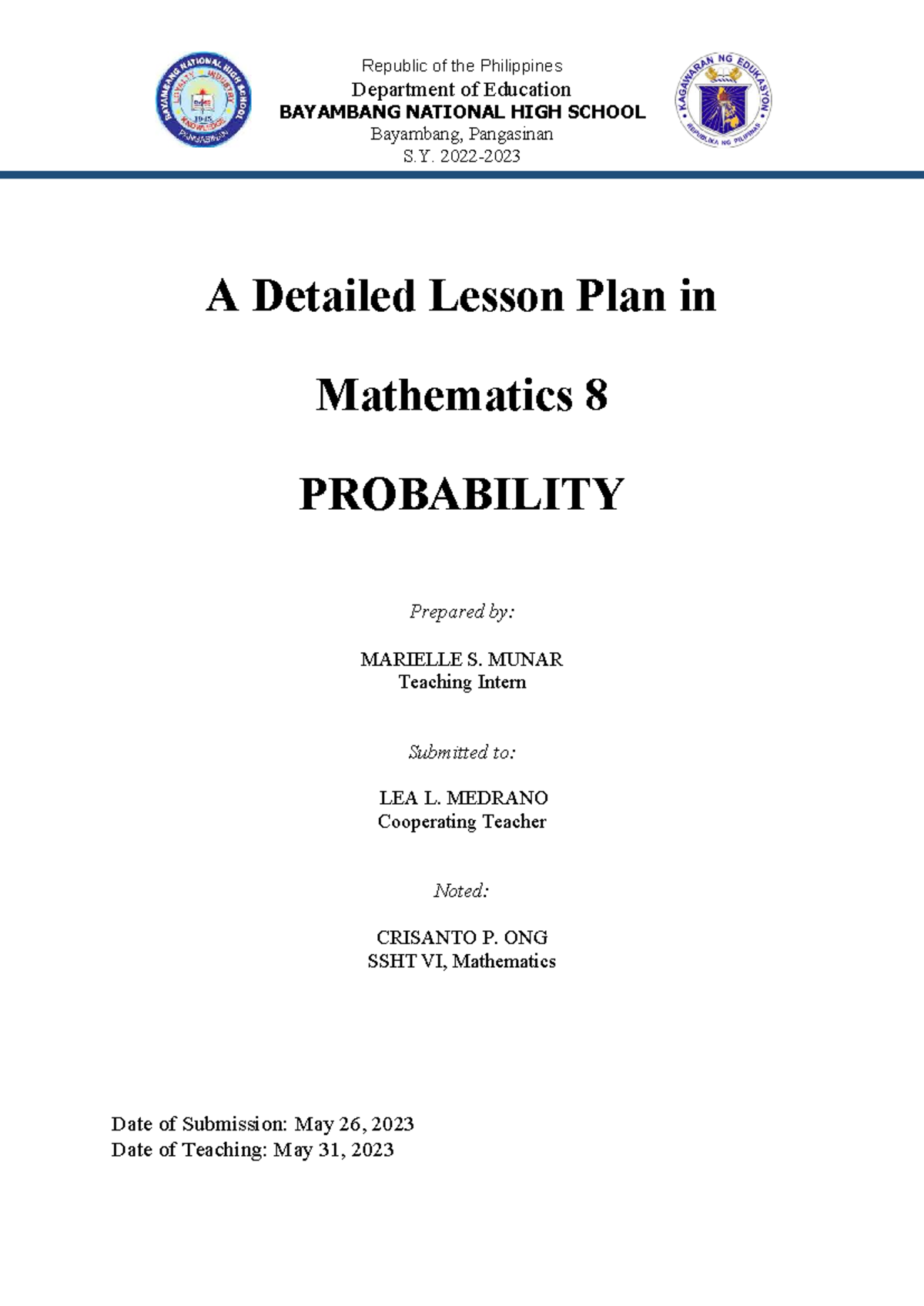 Detailed Lesson Plan in Math 8: Probability (SY 2023) - Studocu