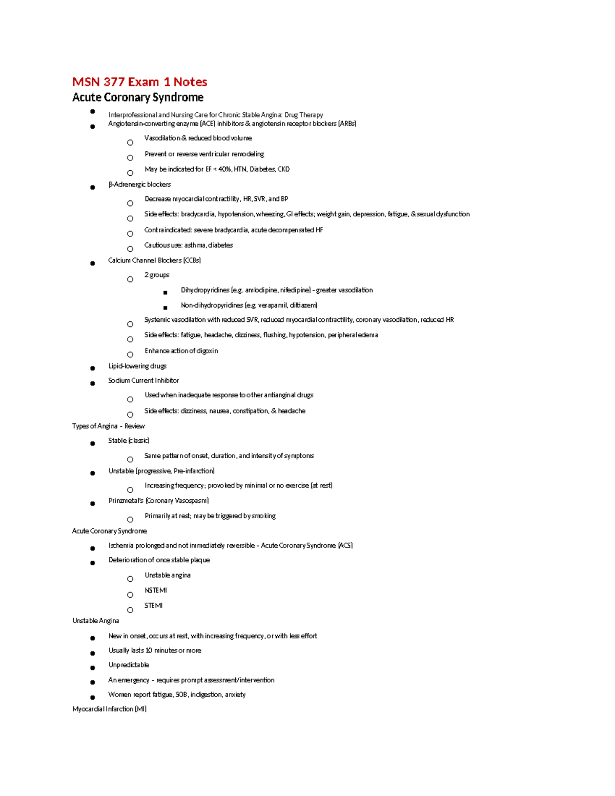 MSN 377 Exam 1 Notes on Acute Coronary Syndrome and Nursing Care - Studocu