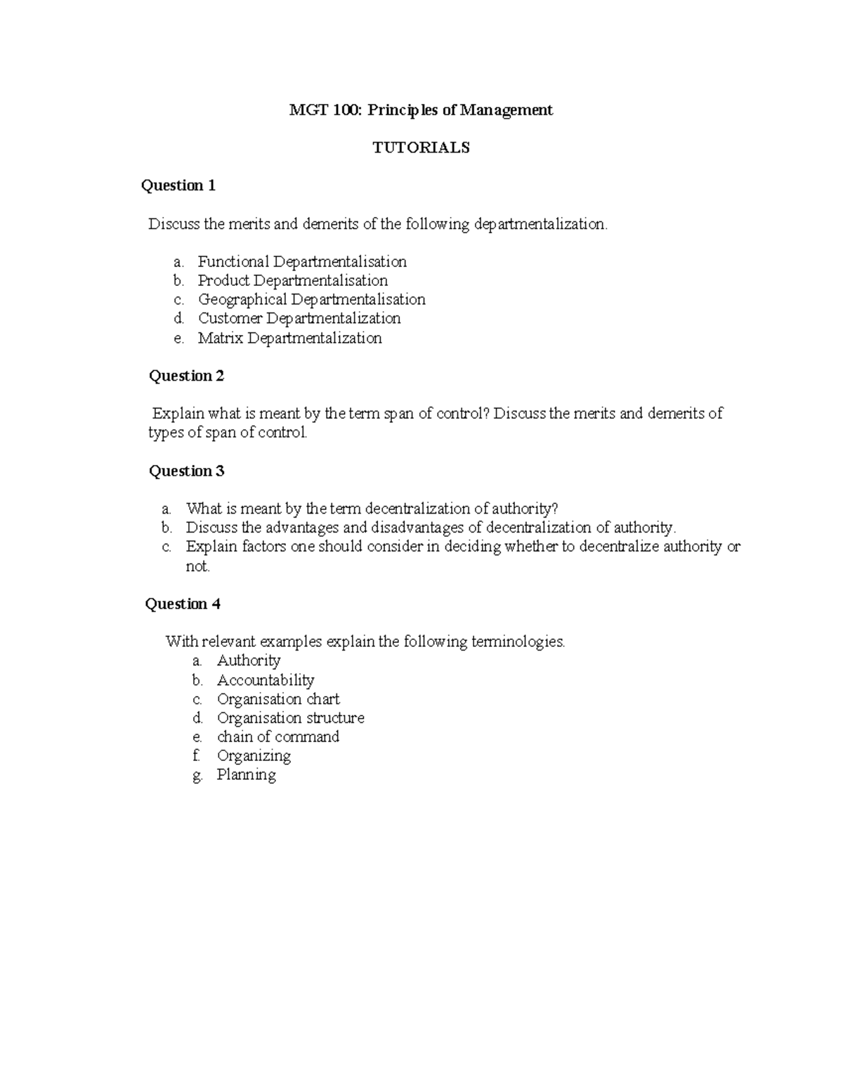 MGT 100 Tutorial 2: Principles of Management & Key Concepts Explained ...