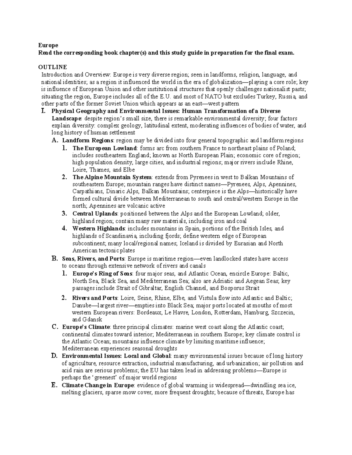 Europe Final Exam Study Guide: Key Concepts and Notes - Studocu