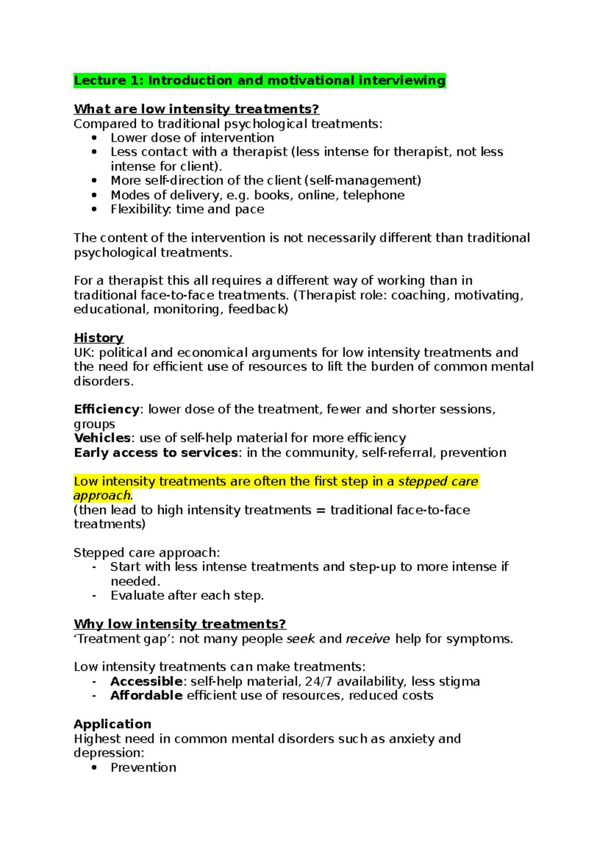 Lecture 1: Intro to Low Intensity Treatments & Motivational ...
