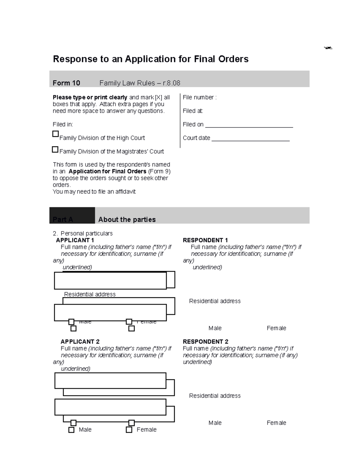 Response to Application for Final Orders - Form 10 - Studocu