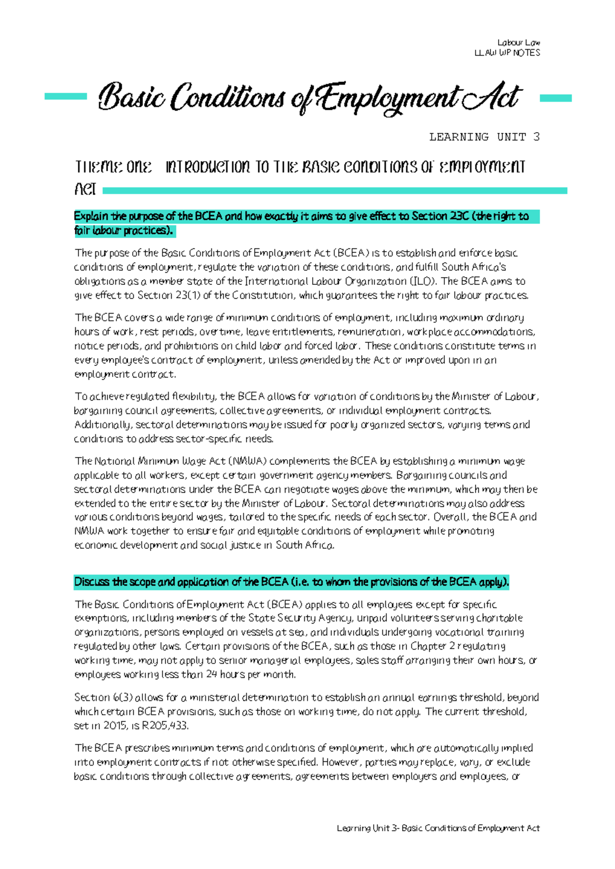 LLAW WP NOTES: Understanding the BCEA and Its Implications - Studocu