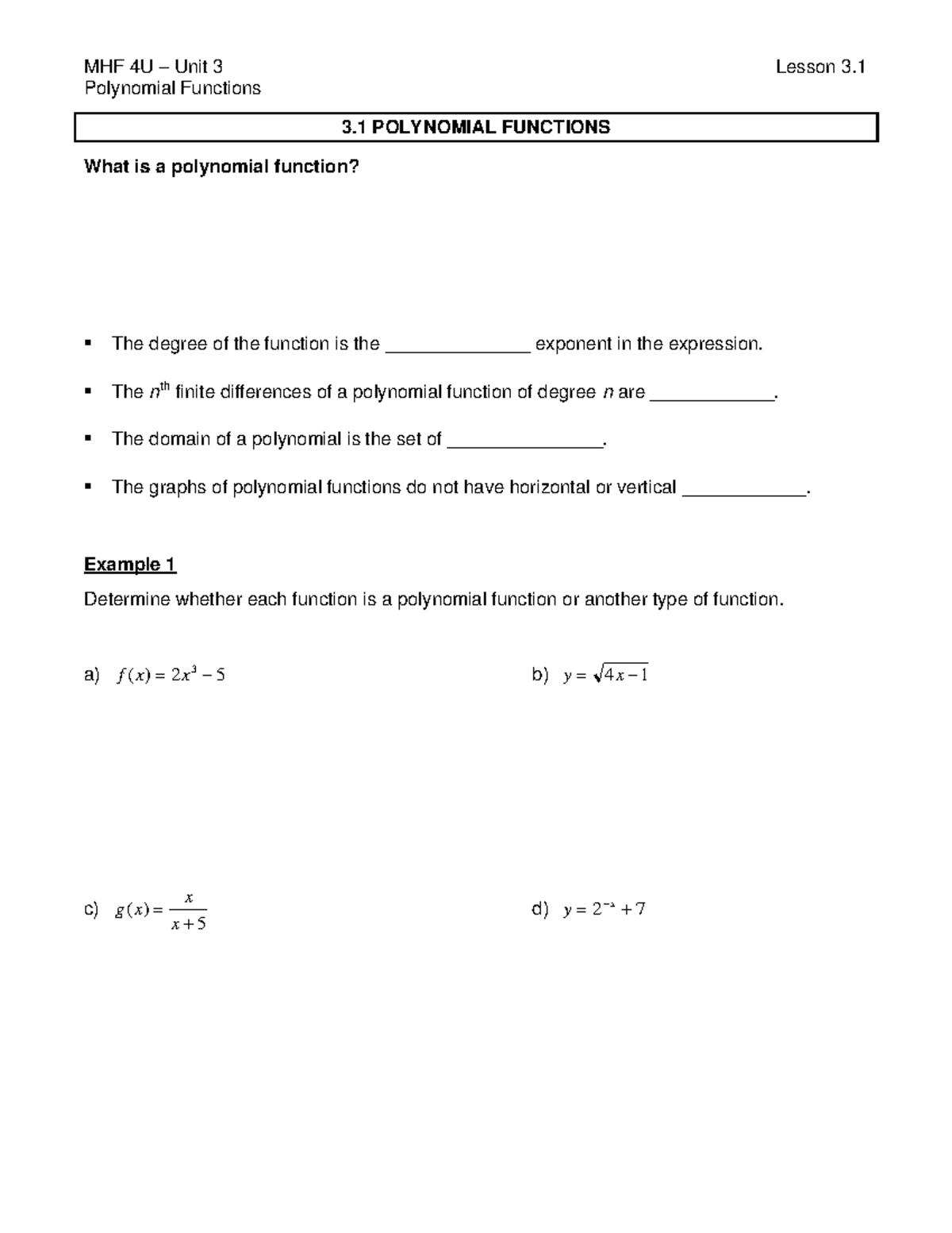 3.1 Advanced functions lessons - Polynomial Functions 3 POLYNOMIAL ...