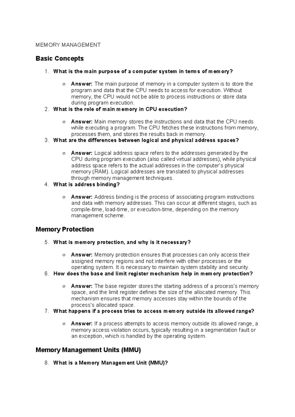Memory Management - MEMORY MANAGEMENT Basic Concepts 1. What is the ...