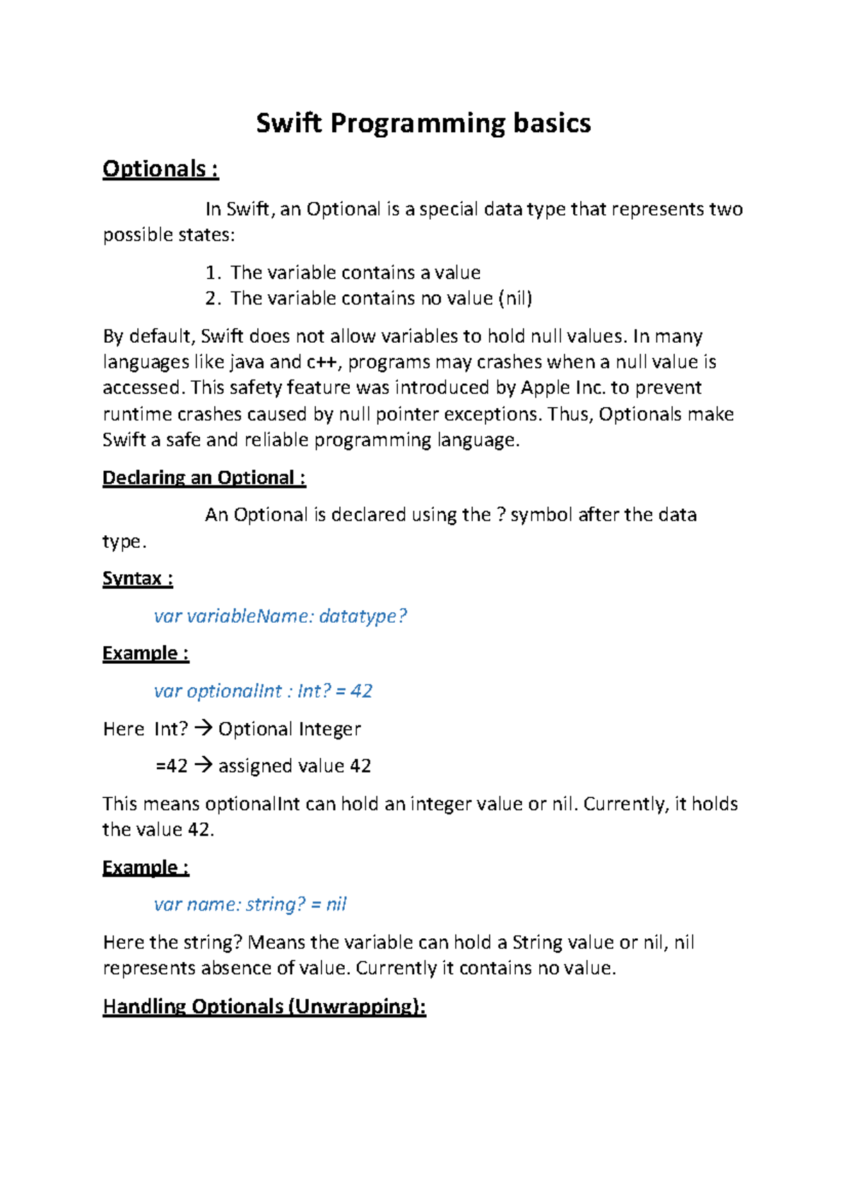 Swift Programming Basics: Understanding Optionals and Their Usage - Studocu
