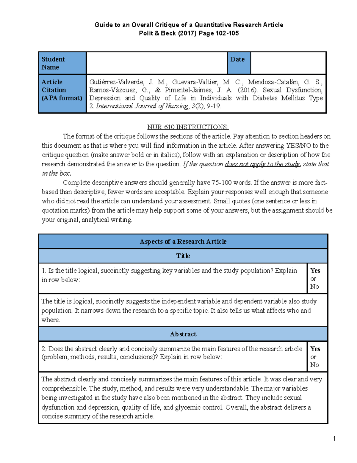 NUR 610 Assignment 2a: Analysis of Quantitative Research on DMT2 - Studocu