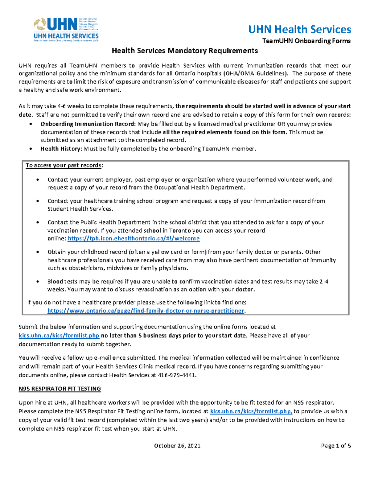 Health services mandatory requirements - TeamUHN Onboarding Forms ...
