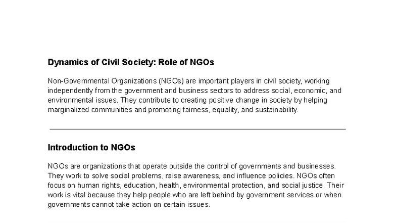 NGOs and Their Impact on Civil Society: Comprehensive Notes - Studocu