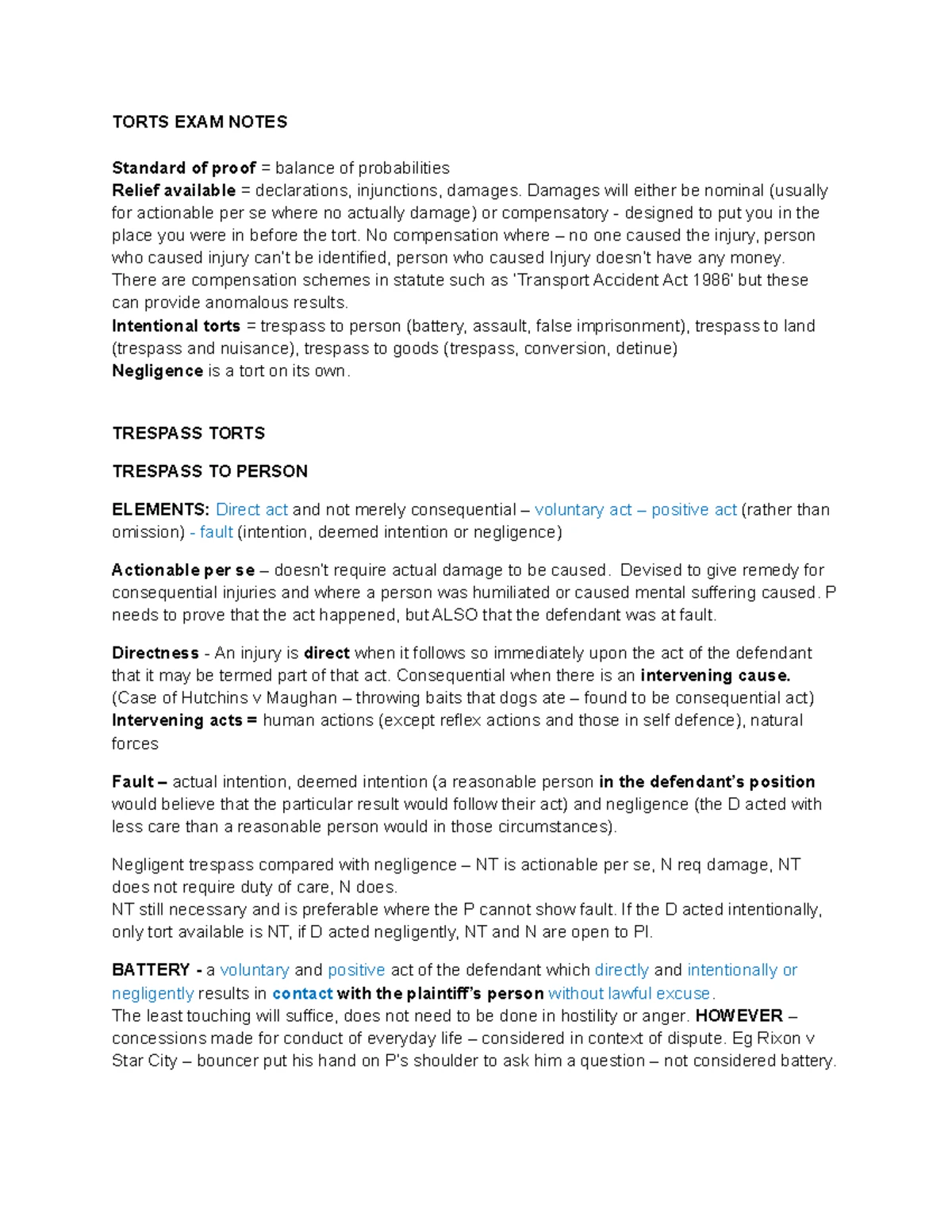 Torts Law 101: Comprehensive Exam Notes on Negligence and Duty of Care ...