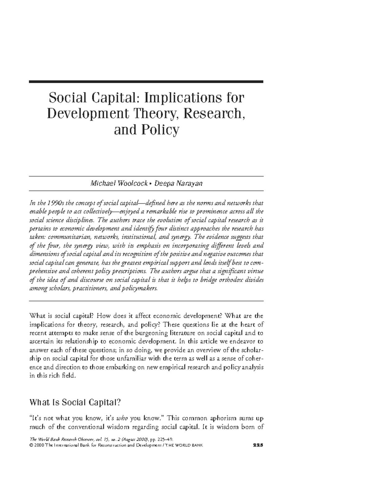 Social Capital and Economic Development: Insights and Implications ...