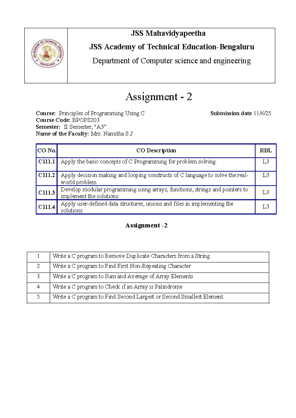 Assignment 2: Principles of Programming Using C (BPOPS203) - Studocu
