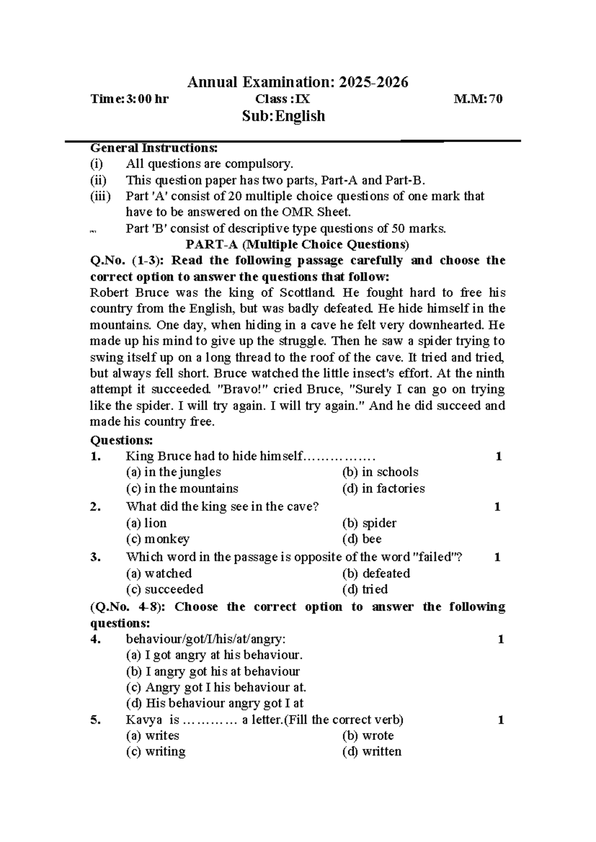 Class IX English Annual Exam Paper: MCQs & Descriptive Questions - Studocu