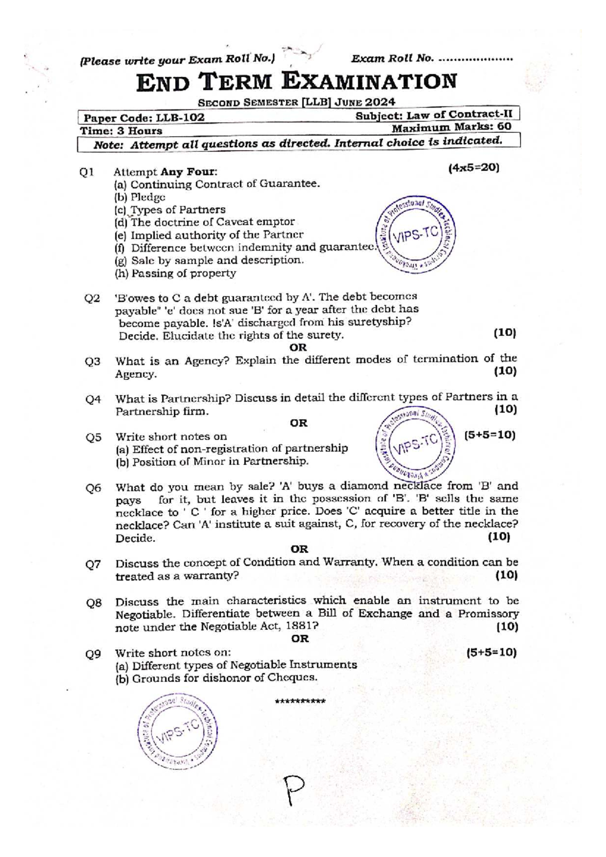 End Term Examination LLB102: Law of Contract II - June 2024 - Studocu