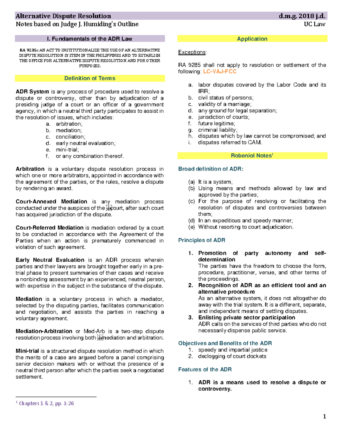 Alternative Dispute Resolution (ADR) Notes - UC Law I (d.m.g. 2018 j.d ...