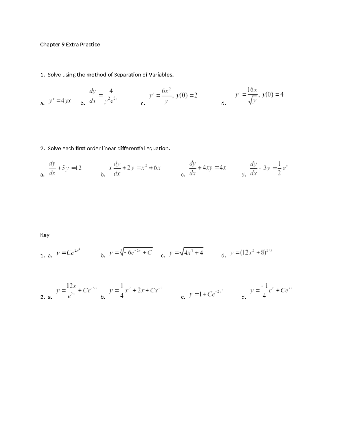 Chapter 9 Extra Practice: Differential Equations & Separation of ...