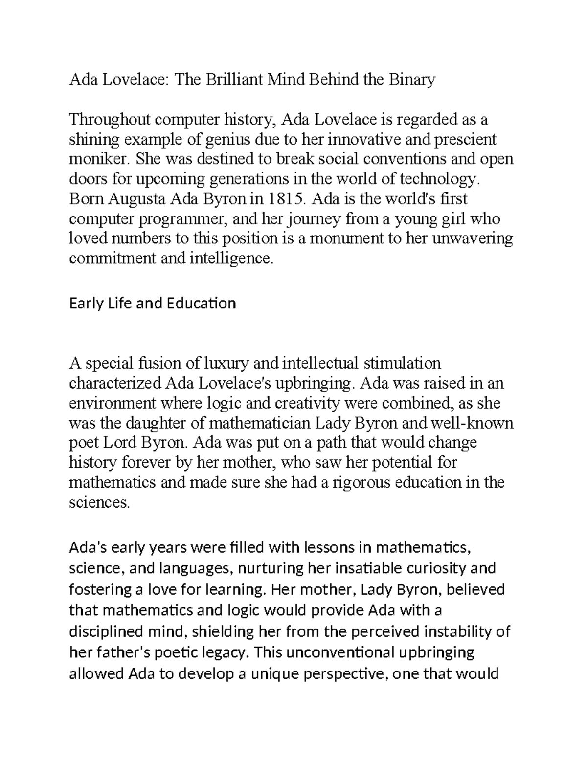 Ada Lovelace: Pioneer of Computer Programming and Innovation - Studocu