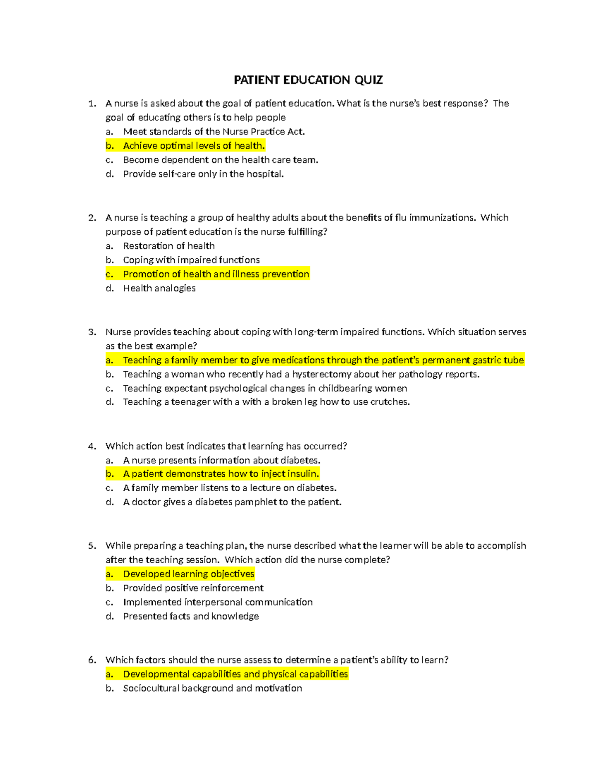 Patient Education Quiz: Essential Knowledge for Nurses - Studocu