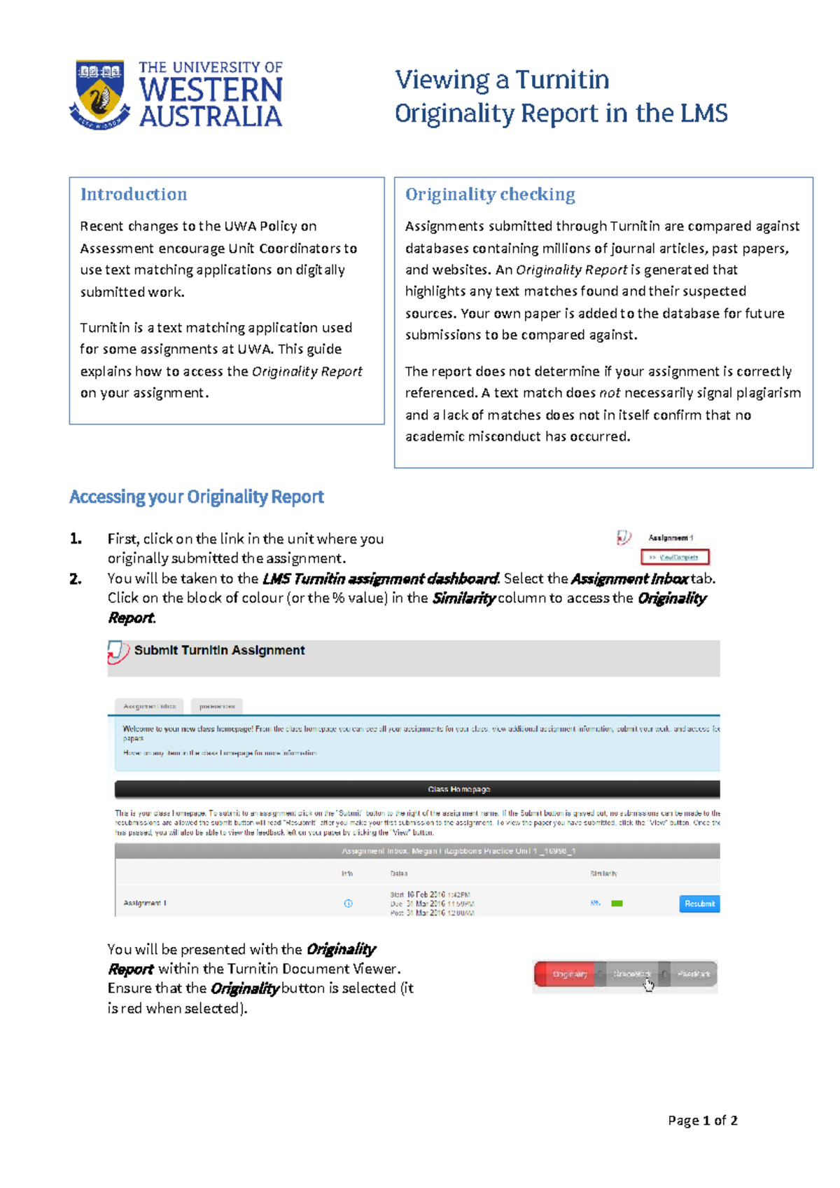 UWA Turnitin Originality Report Access Guide - Studocu