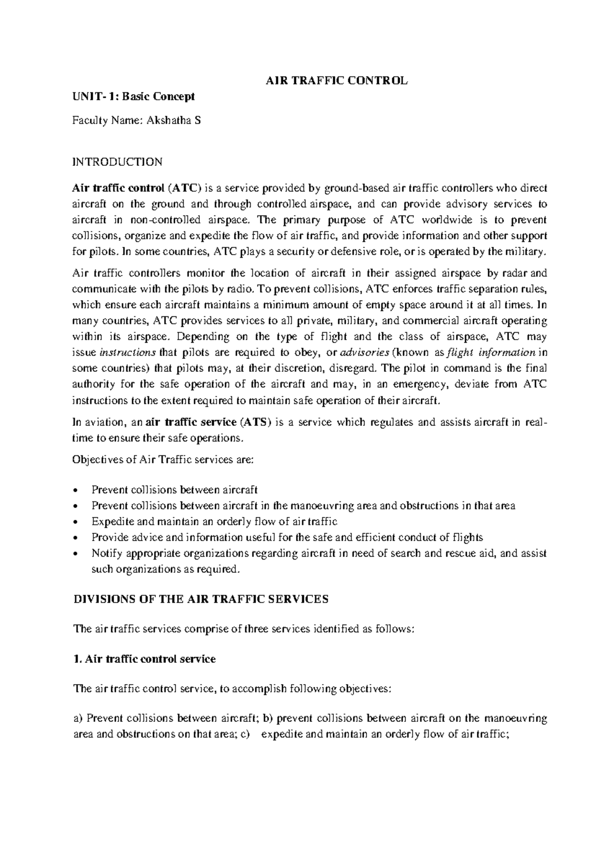 Air Traffic Control: Unit 1 Overview and Basic Concepts - Studocu
