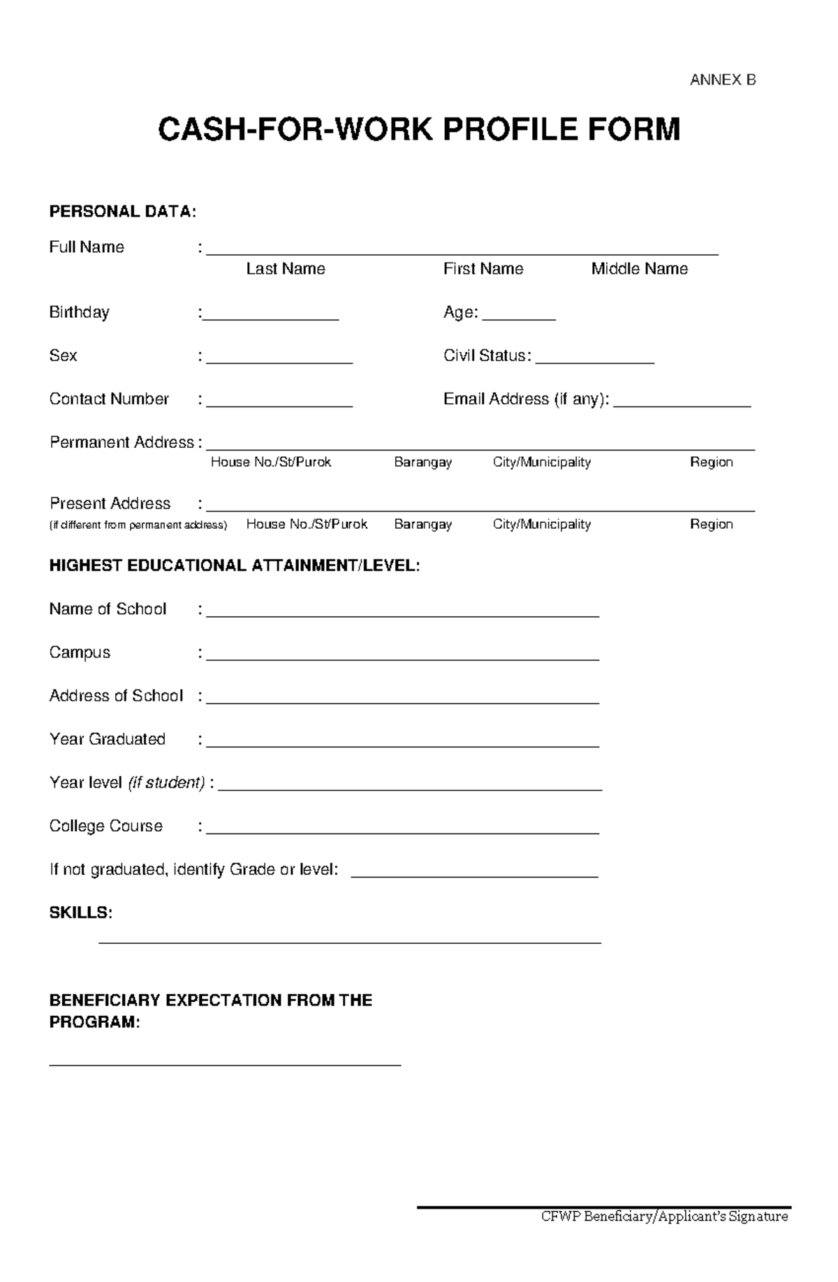 Annex-B -CFWP- Profile-FORMSS - ANNEX B CASH-FOR-WORK PROFILE FORM ...