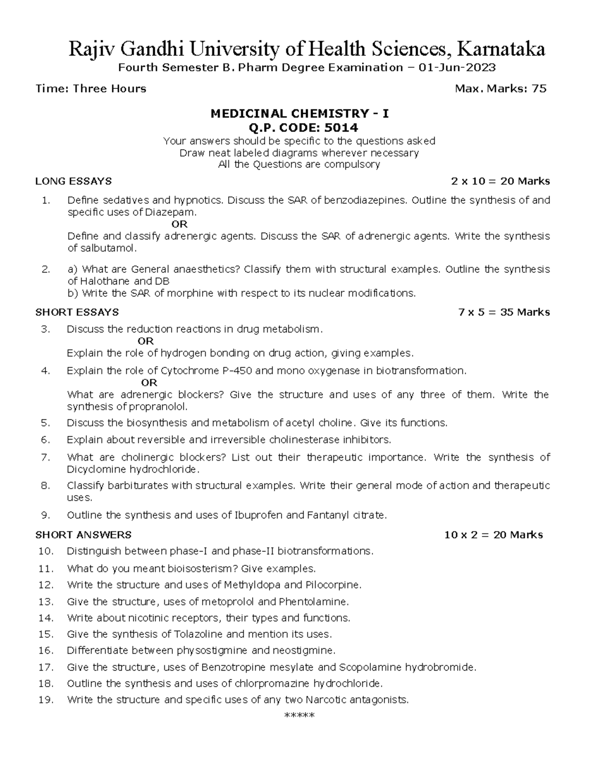 QPC5014 Medicinal Chemistry I Exam Paper - 2023 - Studocu
