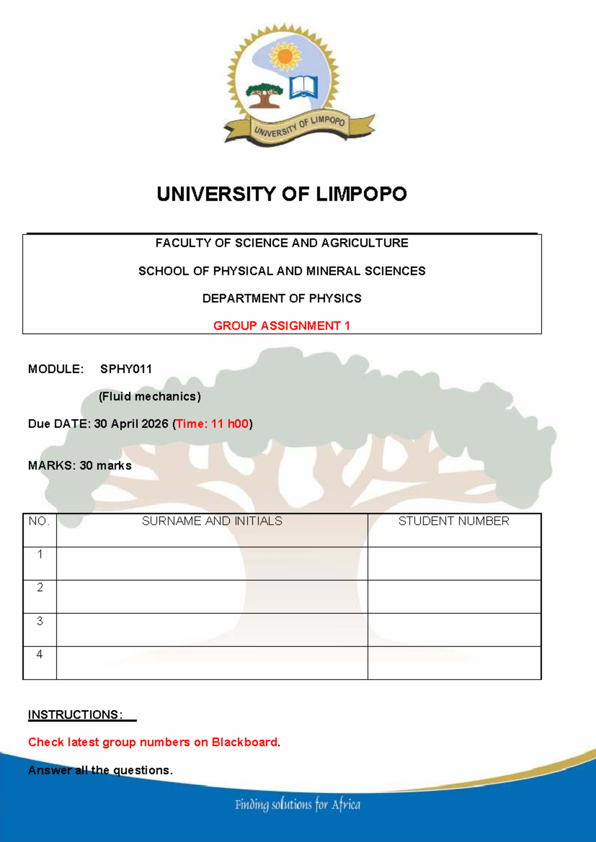 SPHY011 Group Assignment 1: Fluid Mechanics Overview 2026 - Studocu