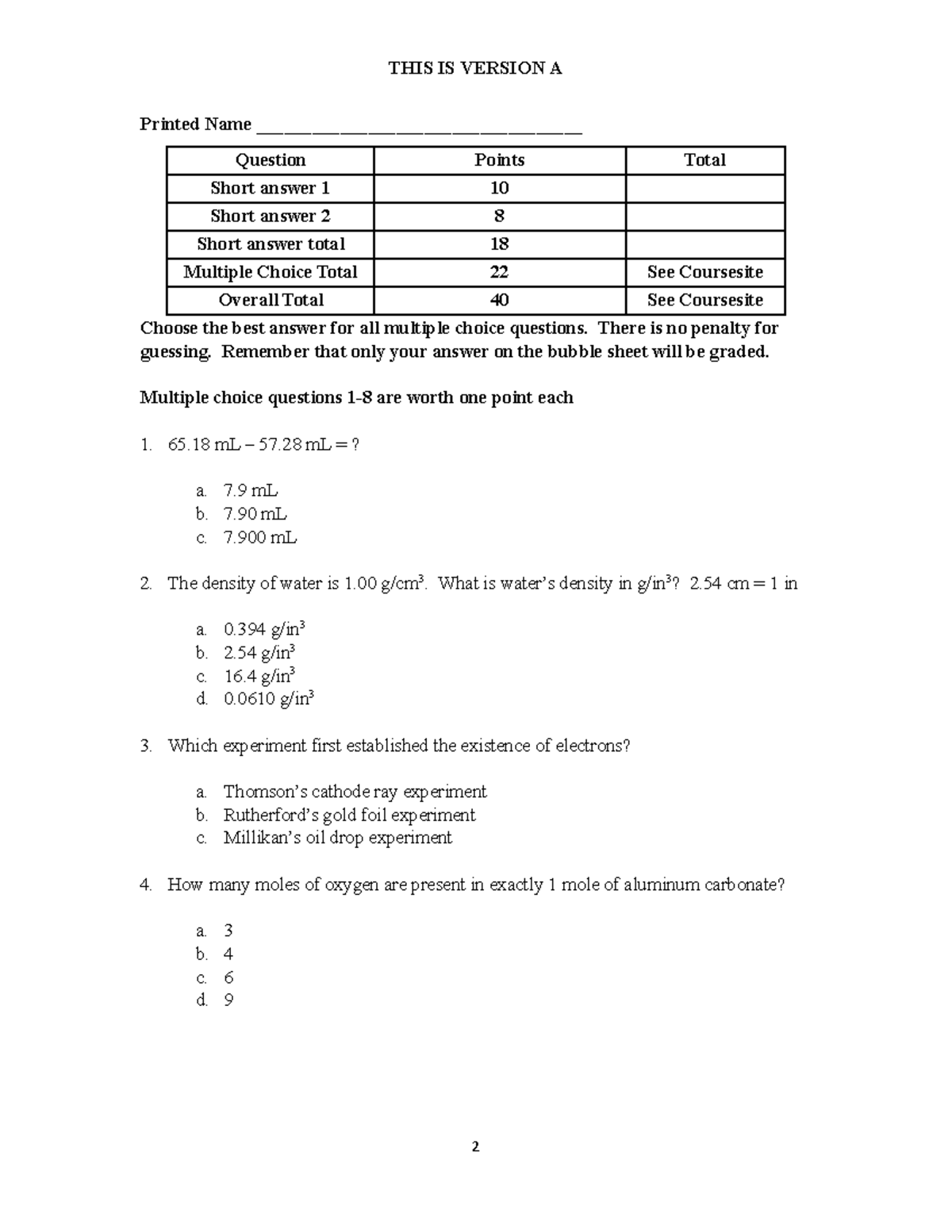 F25 CHM 30 Final Exam 1 Version A - Multiple Choice & Short Answers ...
