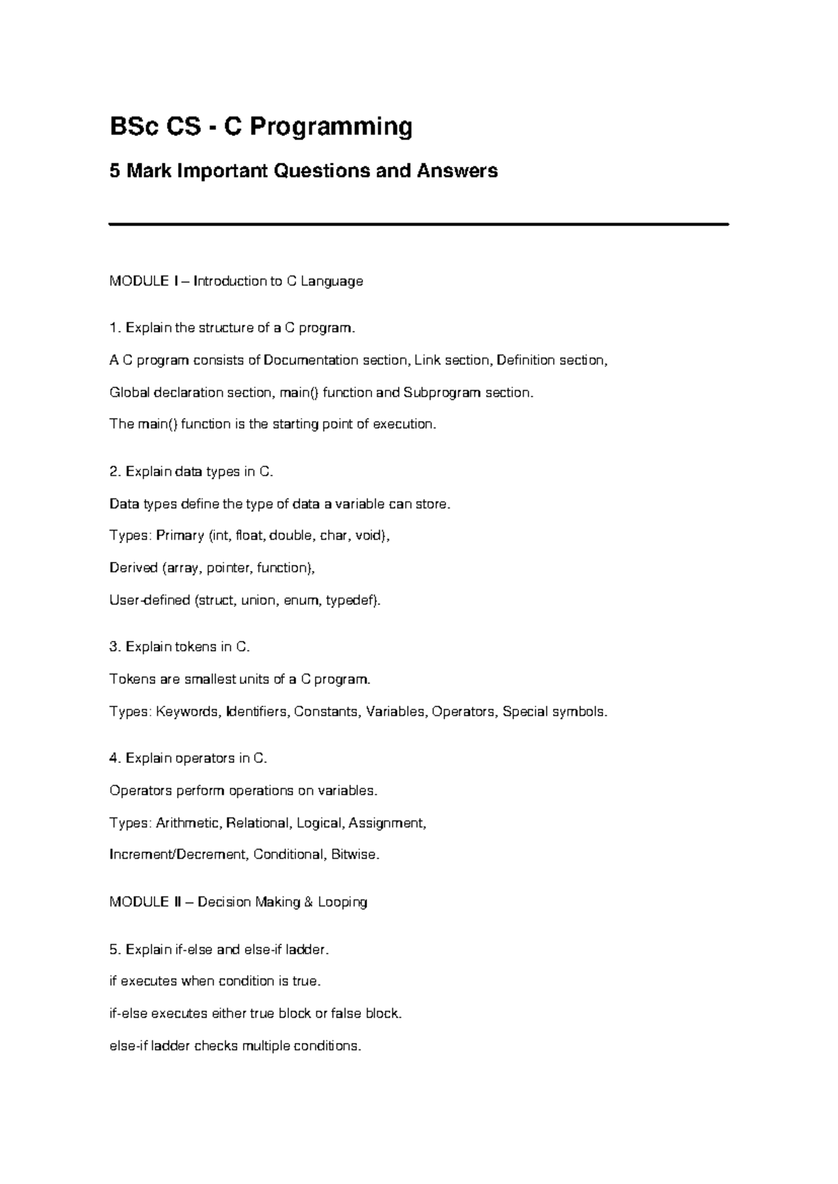 BSc CS C Programming 5 Mark Important Q&A for Module I & II - Studocu
