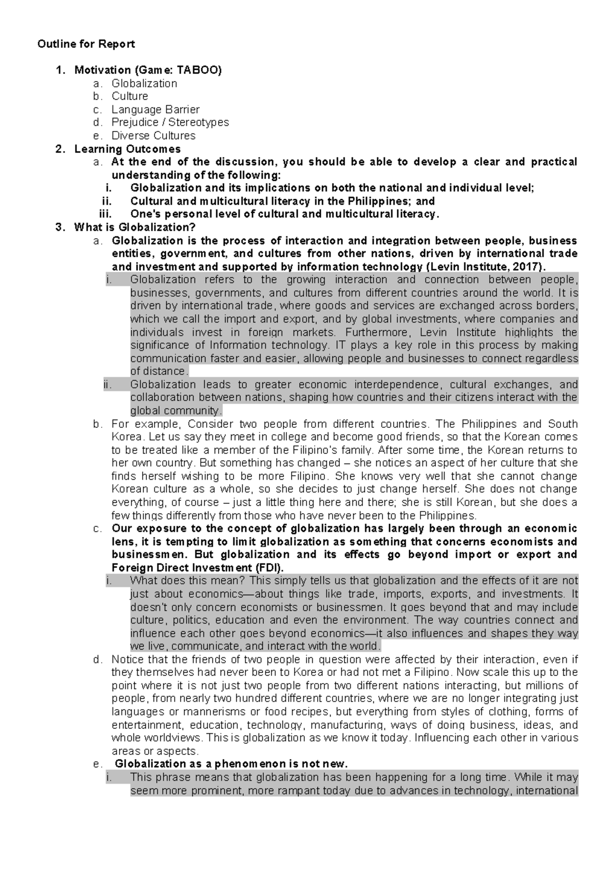 GLOBALIZATION REPORT - Outline for Report 1. Motivation (Game: TABOO) a ...