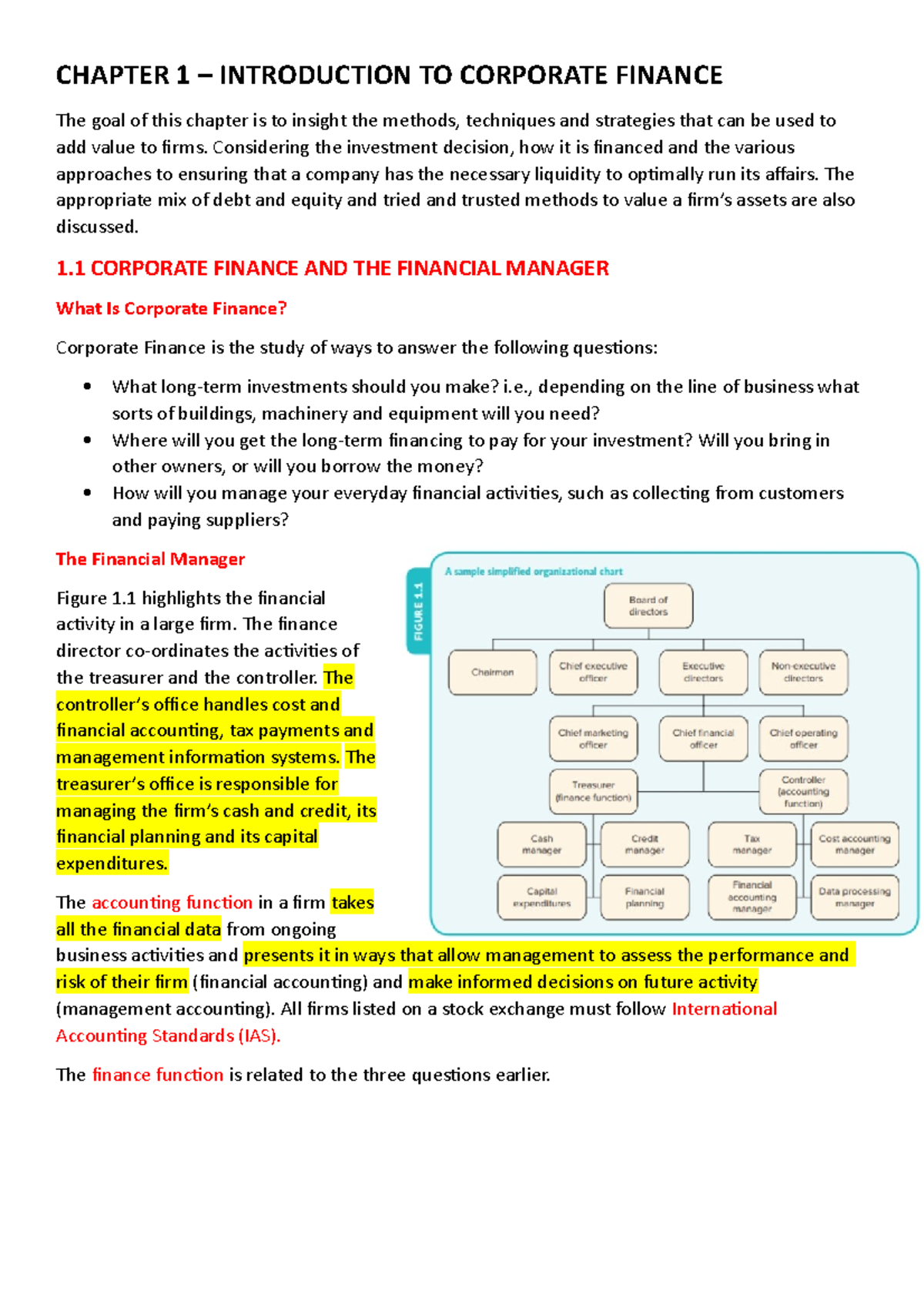 FM101 Chapter 1 WEEK 1 - CHAPTER 1 – INTRODUCTION TO CORPORATE FINANCE ...