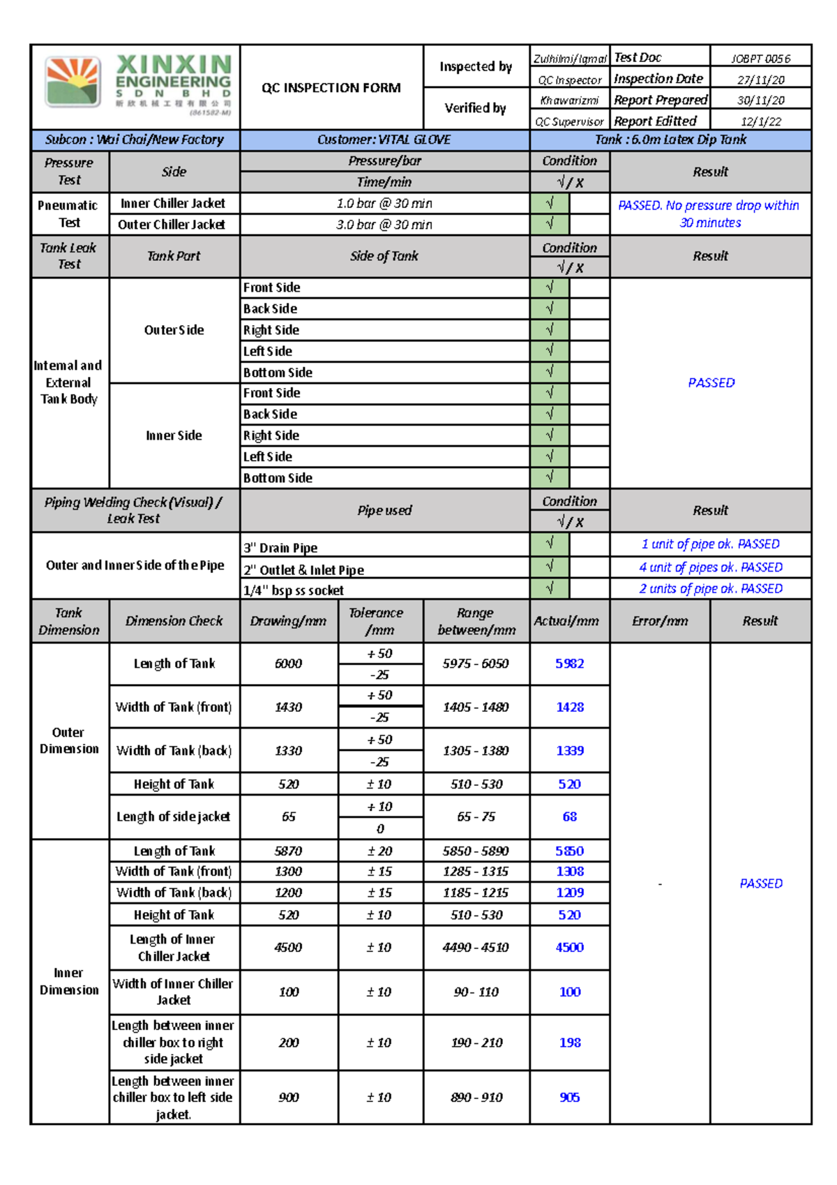 QC Inspection Report for Vital Glove 6.0m Latex Dip Tank - Studocu