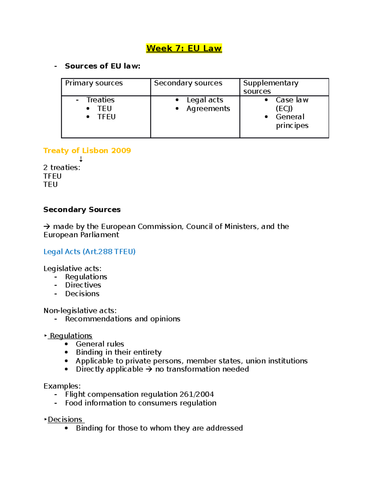 LLS Law EU Law Week 7 Lecture Notes on Sources and Institutions ...