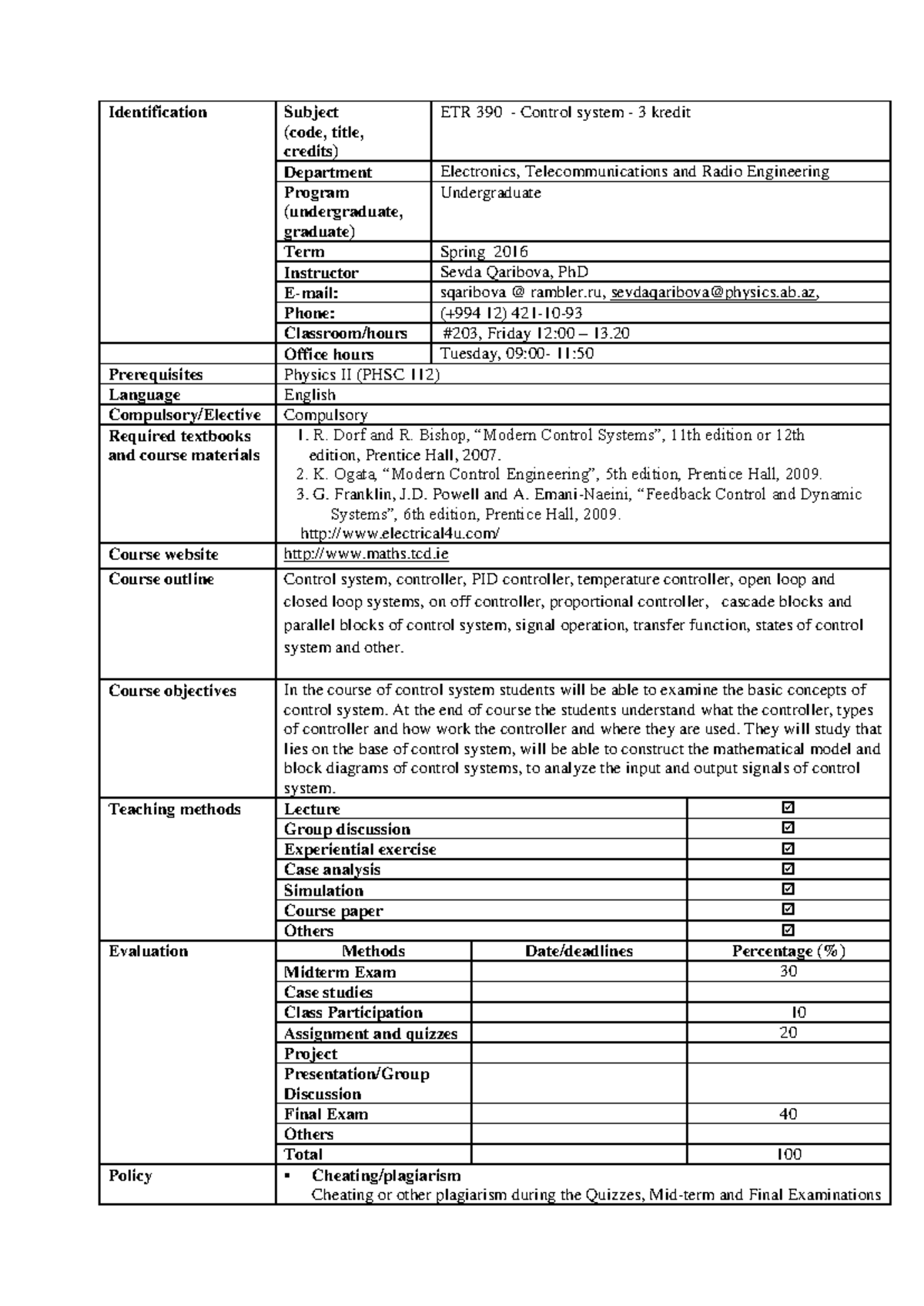 ETR 390 Control System Course Outline and Evaluation Methods - Studocu