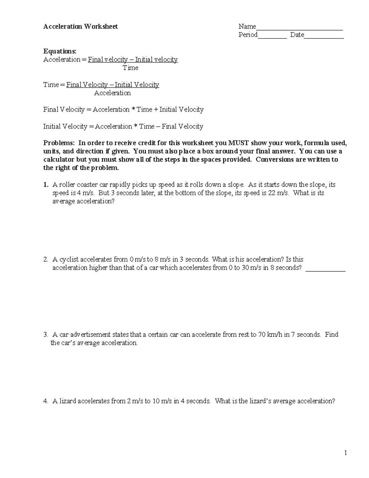 Acceleration Practice worksheet - Acceleration Worksheet Name ...