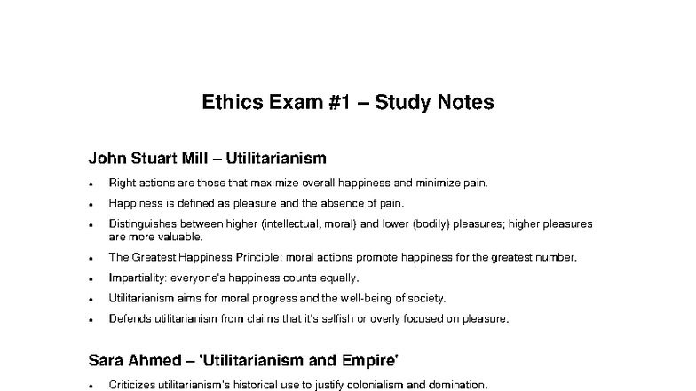Ethics Exam 1 Study Notes: Mill, Kant, and Global Ethics Insights - Studocu