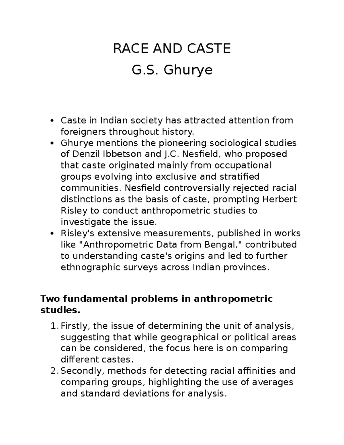RACE AND CASTE: G.S. Ghurye's Insights on Anthropometric Studies - Studocu