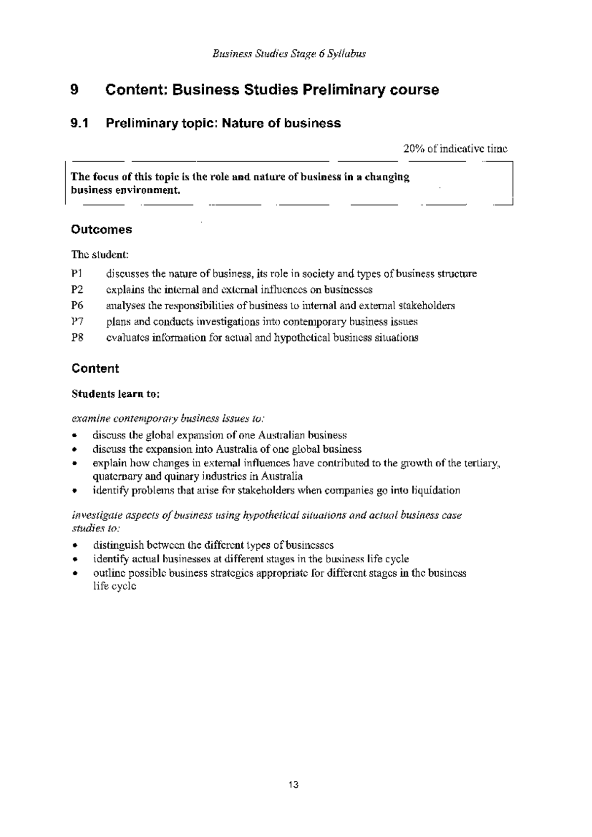 Business Studies Stage 6: Nature of Business Syllabus Overview - Studocu