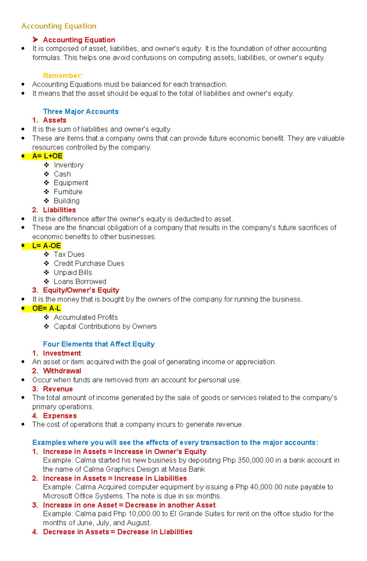 Accounting Equation - notes - Accounting Equation Accounting Equation ...