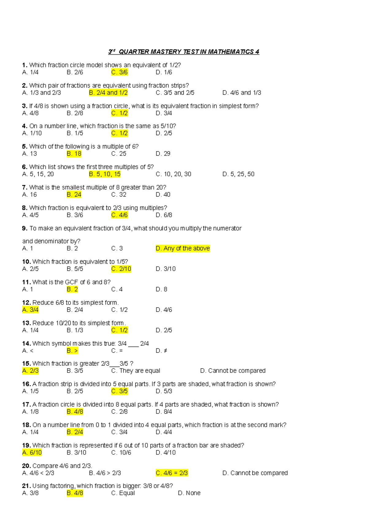 3RD QUARTER MASTERY TEST IN MATH 4: FRACTIONS & MULTIPLES - Studocu