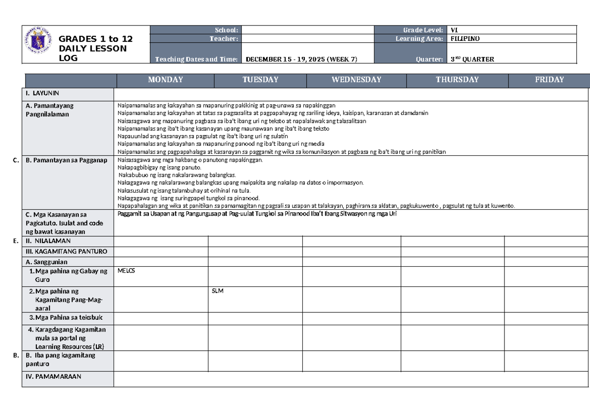 DLL Filipino 6 Q3 W7: Daily Lesson Log for December 15-19, 2025 - Studocu