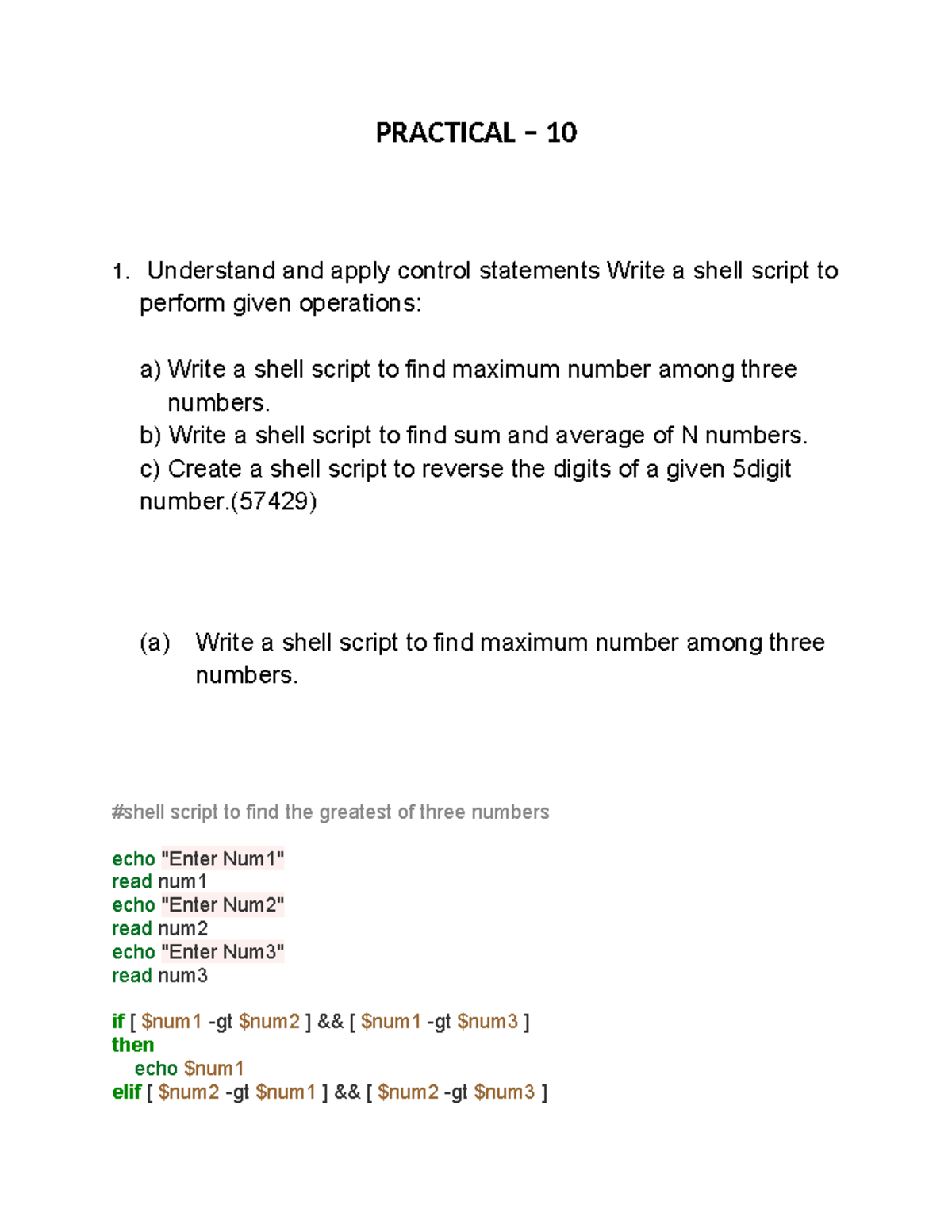 Practical 10: Shell Script Control Statements and Operations - Studocu