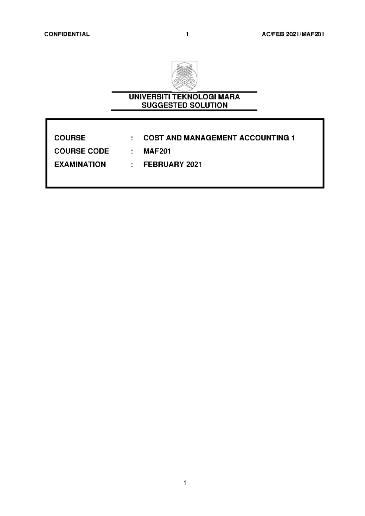 CT 3 - COMMON TEST MAF: Cost & Management Accounting 1, Aug 2015 - Studocu